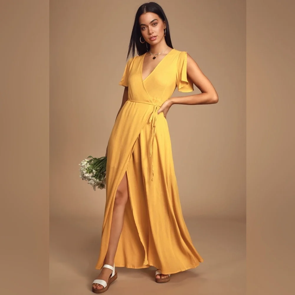 ♥️ Lulus Much Obliged Golden Yellow Wrap Maxi Dress - Picture 2 of 6